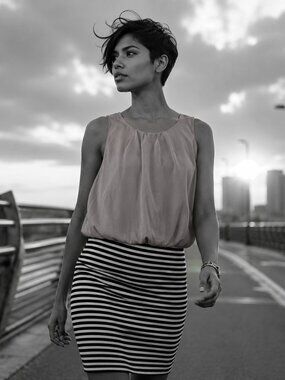 Emerald Sundae black, white and coral sleeveles striped dress